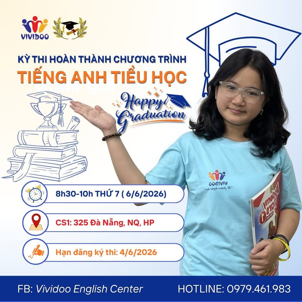 Poster kỳ thi hoàn thành chương trình tiếng Anh tiểu học của Trung tâm Anh ngữ ViViDoo tại Hải Phòng năm 2026.