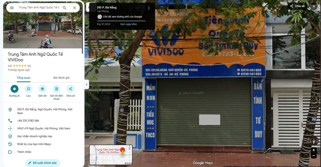Hình ảnh mặt tiền Trung tâm Anh ngữ Quốc tế ViViDoo tại số 325 đường Đà Nẵng, Ngô Quyền, Hải Phòng, được hiển thị trên Google Maps, giúp phụ huynh dễ dàng nhận biết vị trí trung tâm.